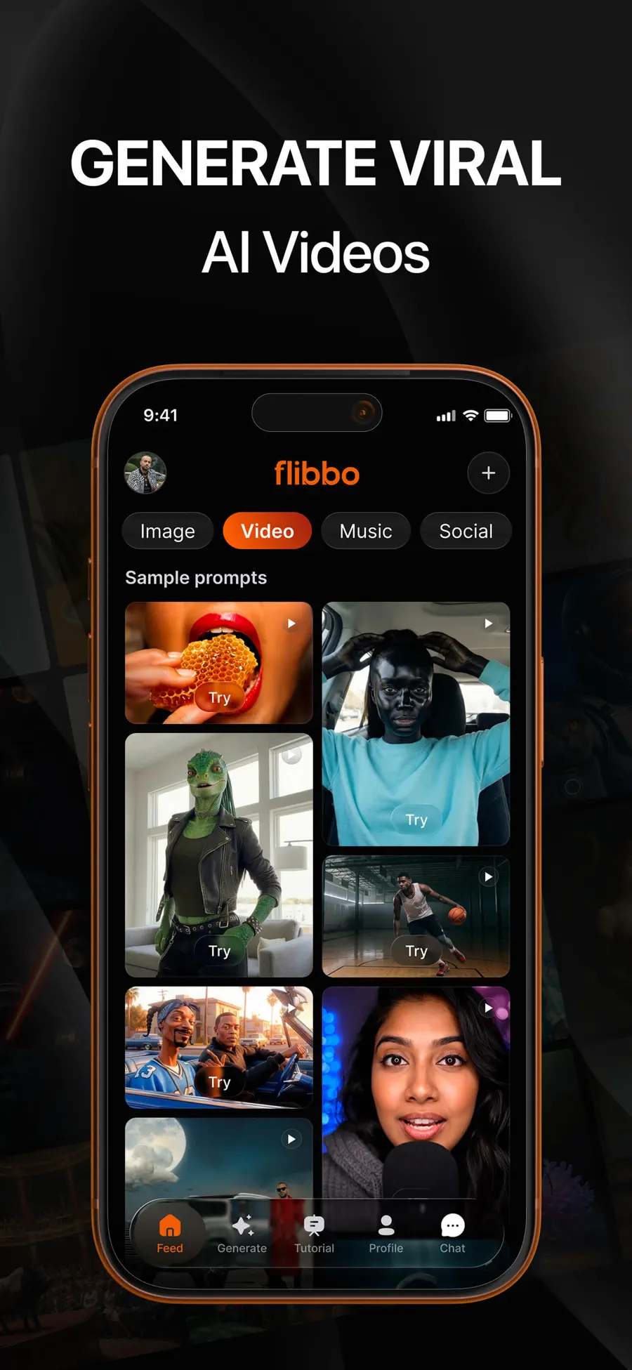 Flibbo video generation feed